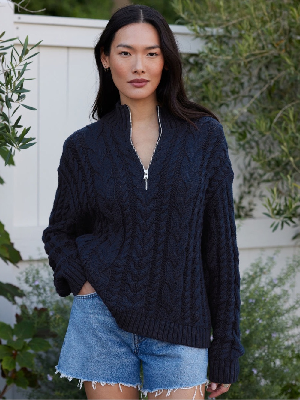 Jenni Kayne XS Cotton Cable Knit Half Zip Sweater Navy Blue